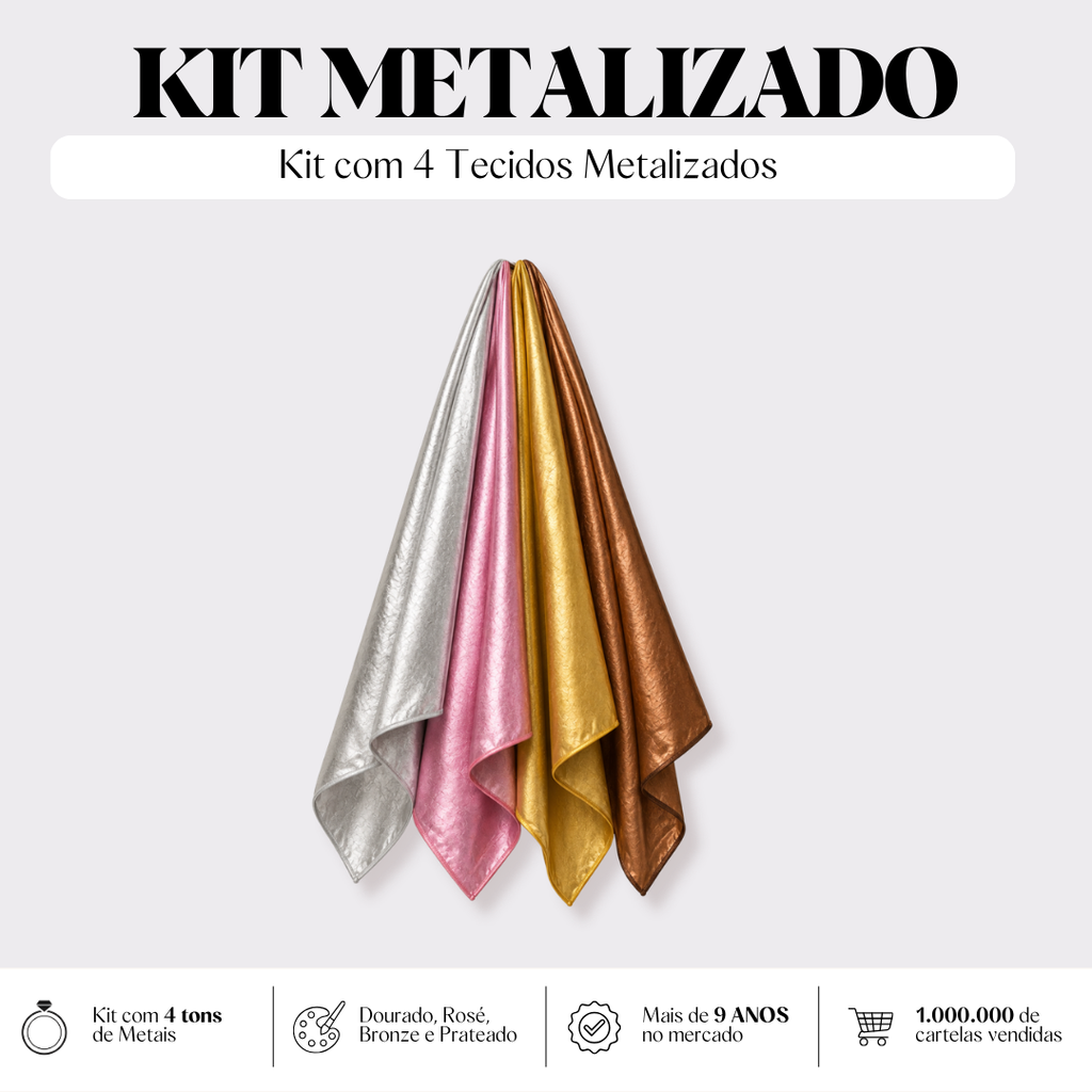 Kit de Tecidos Metalizados Color Craft, prata, rose, bronze e dourado